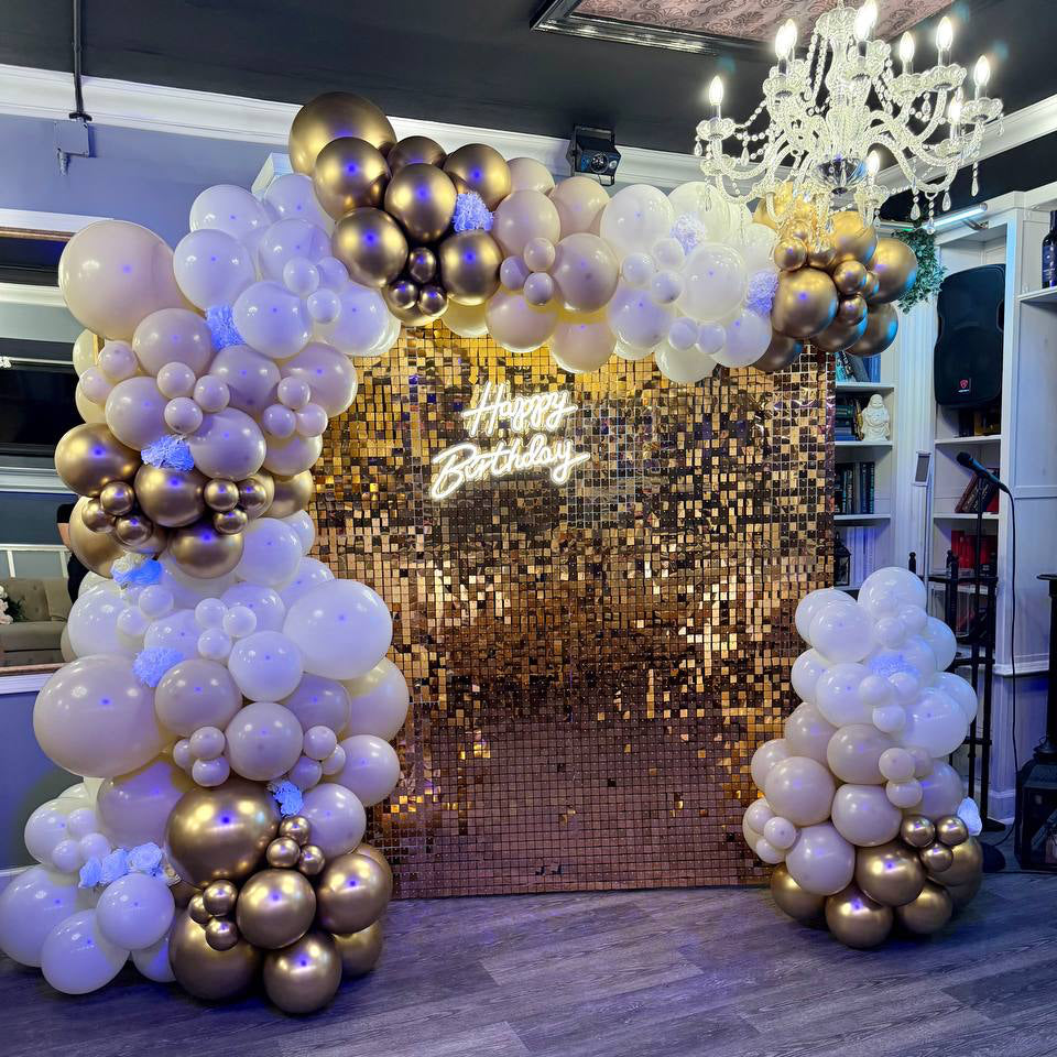 Luxury Gold Sequin Wall Backdrop with Balloon Garland & Neon Sign Rental for Birthday