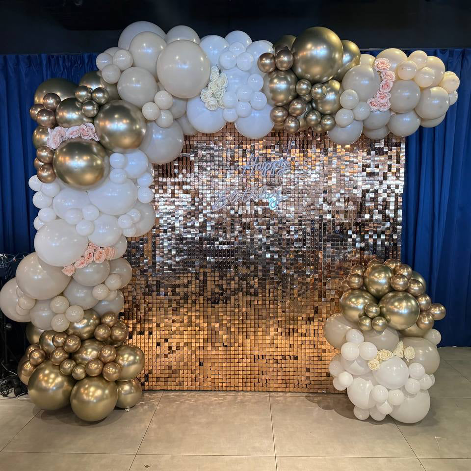 Luxury Gold Sequin Wall Backdrop with White & Gold Balloon Garland