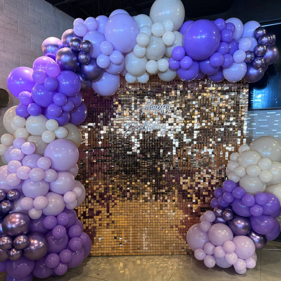 Luxury Gold Sequin Wall Backdrop with Purple Balloon Garland